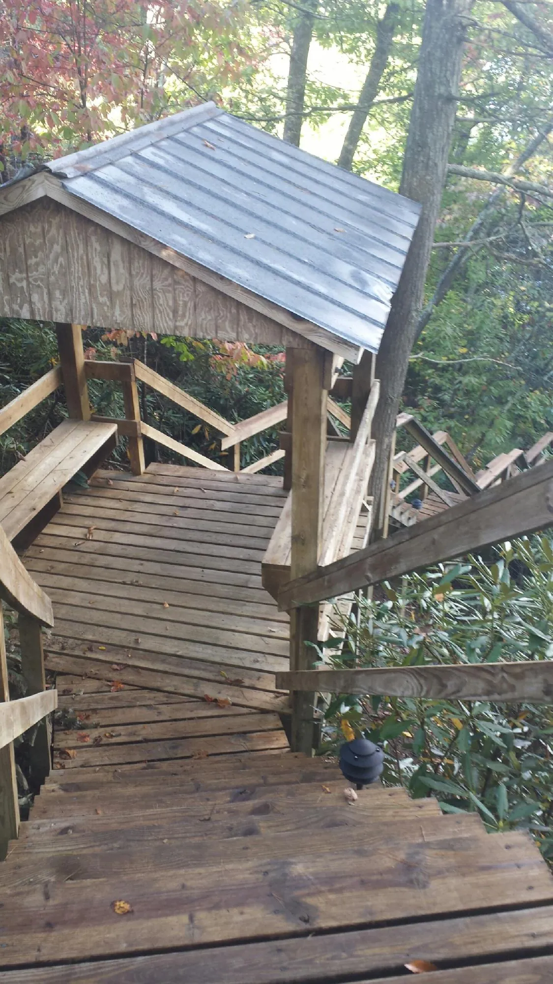 Metal roofed shelter over wooden steps on a wooded walkway — Skylight Repair & Installation work by our crew in Saranac